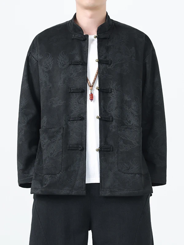 

Men's Suede Jaet Hanfu Outerwear with Copper Buttons Embroidered Design Autumn Winter Large Size Tea Costume Casual Wear