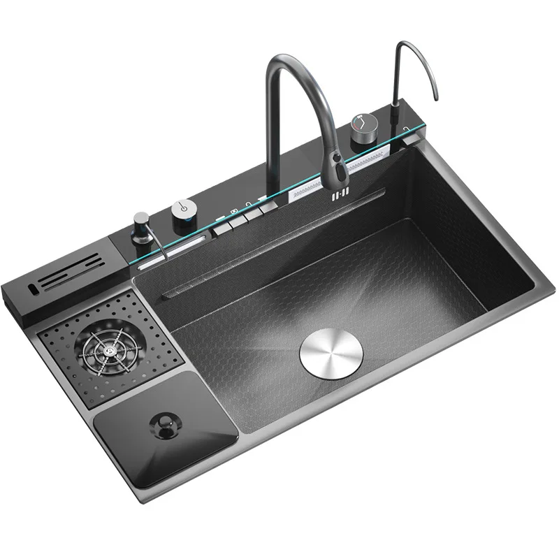 Stainless Steel Waterfall Kitchen Sink Honeycomb Embossed Large Single Slot Digital Display with Knife Holder Wash Basin