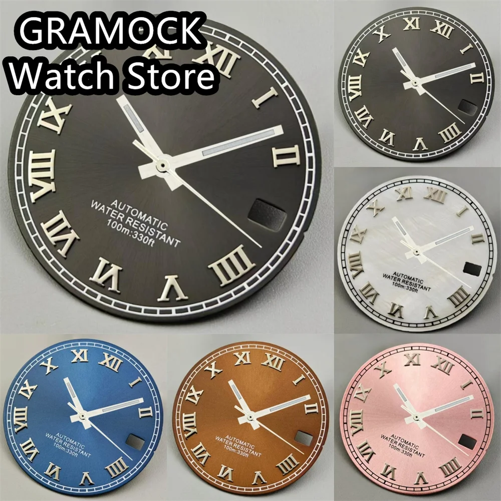 GRAMOCK 29mm Roman Dial White Pearl Shell Dial Black Blue Brown Pink Sunburst Dial With Roman Index Luminous Fit NH35 Movement