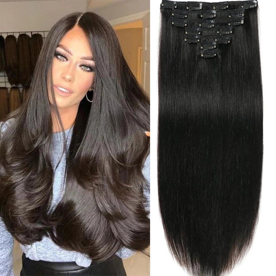 Clip en extensiones de cabello humano liso, postizo de 30 pulgadas, extensiones de cabello Natural, Clip de cabeza completa