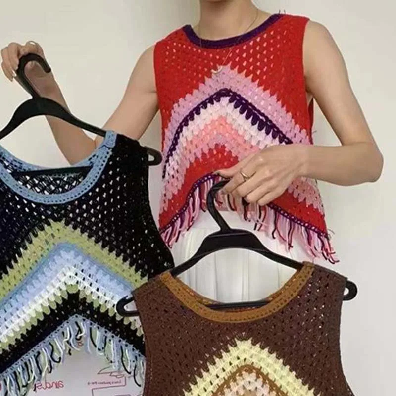 Boring Honey's New V-neck Contrast Tassel Slim Small Suspender Summer Wear Design Sense Holiday Vest Red Festive Joker Top Women