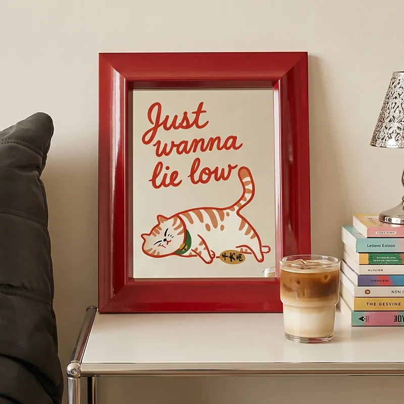 I just want to lie flat Lucky Cat retro fun mirror painting decorative painting red frame atmosphere entrance decorative mirror