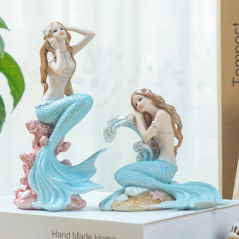 European Resin Mediterranean Mermaid Princess Ornaments Home Room Table Figurines Angel Girl Decoration Crafts Birthday Gifts