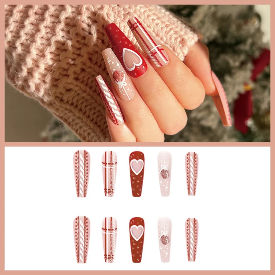 24P Premium Wearable False Nails Art Long Ballet Frosted Christmas Love Glitter Press on Nail Tips Finished Removable Fake Nails