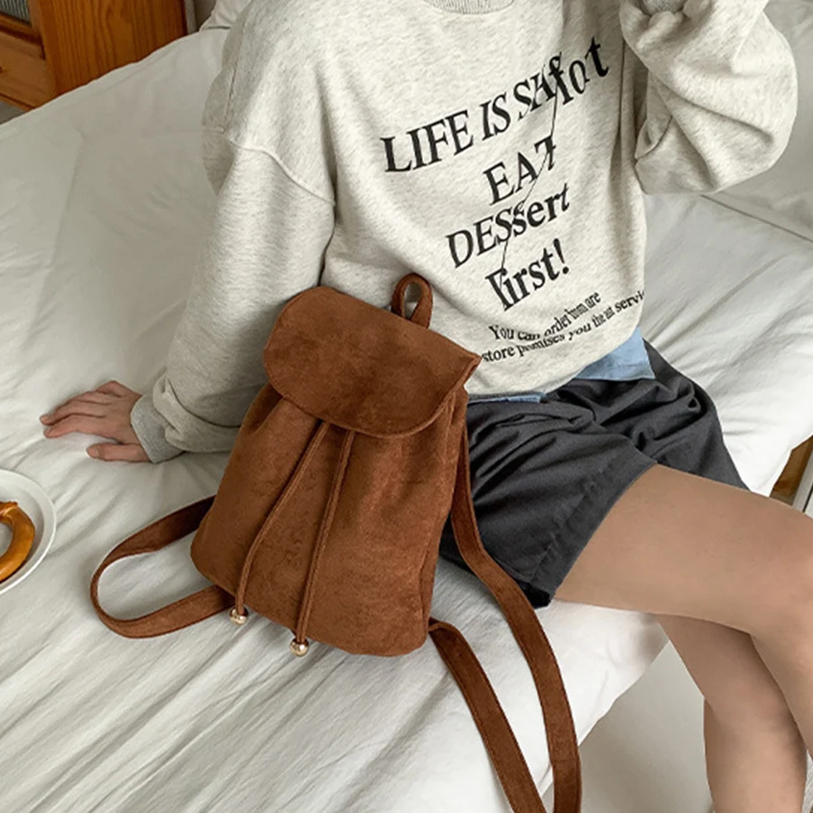 Korean vintage suede flap drawstring backpack ins new casual fashion student small bagpack soild female travel bags rucksack sac