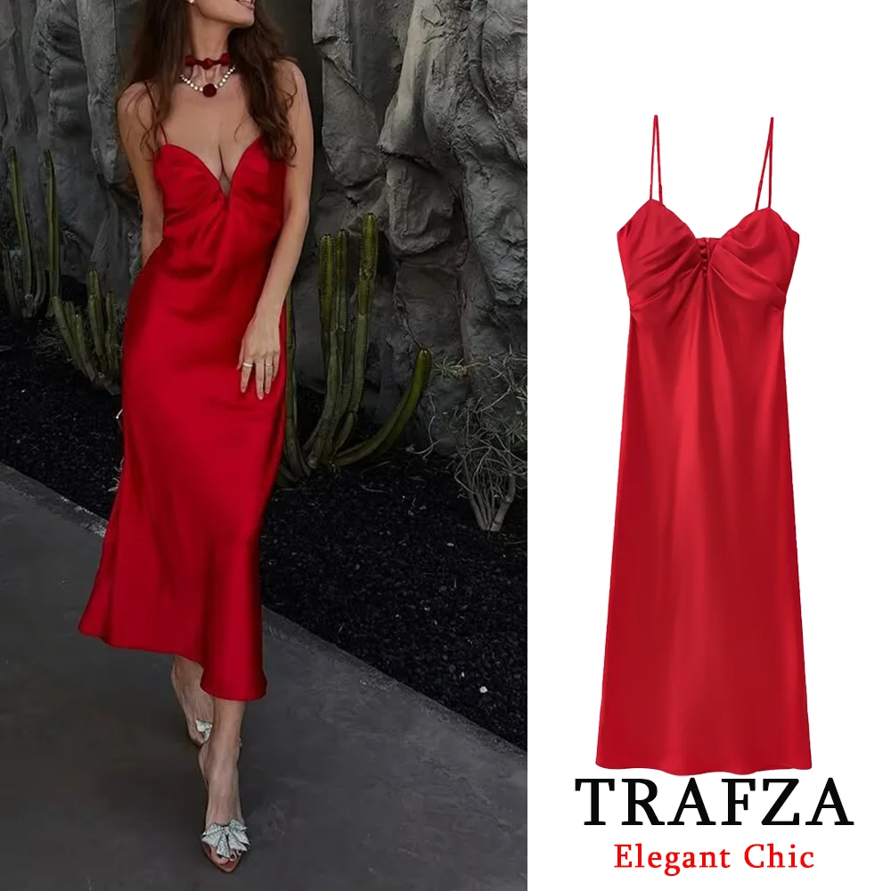 

TRAFZA Women Sexy Red Strappy Dress Sweetheart Neck Backless Satin Midi Dress New 2025 Spring Summer Fashion Night Party Dress