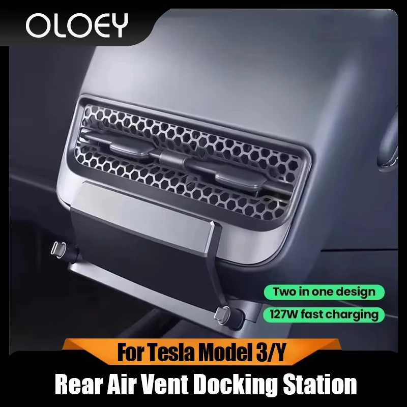 For Tesla Model 3/Y 2021-2023 Rear Air Vent Intelligent Docking Station Type-C PD 27W Fast Charger USB Extender Docking Station