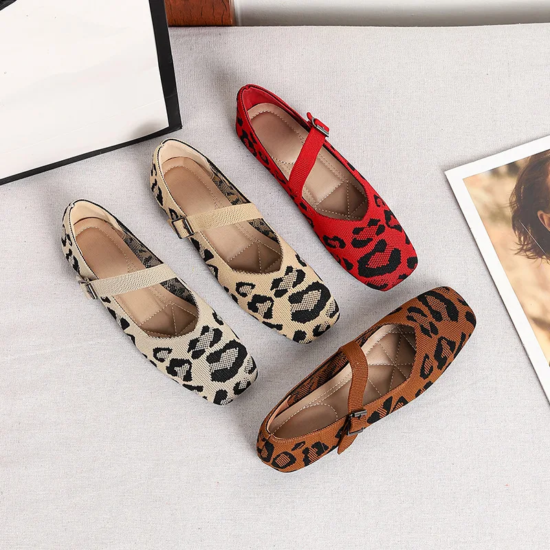 One-pedal square head flat-soled ballet single shoes women's dance 2026 new leopard print flying woven breathable grandma shoes