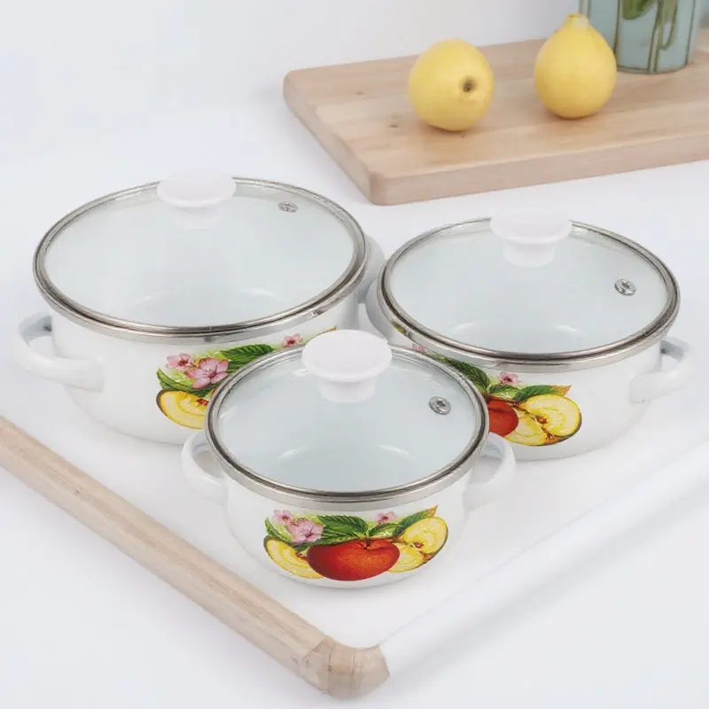 

Набор из 3 эмалированных кастрюль с крышками и двойными ручками для тушения и приготовления супов, с изящным эмалированным узором