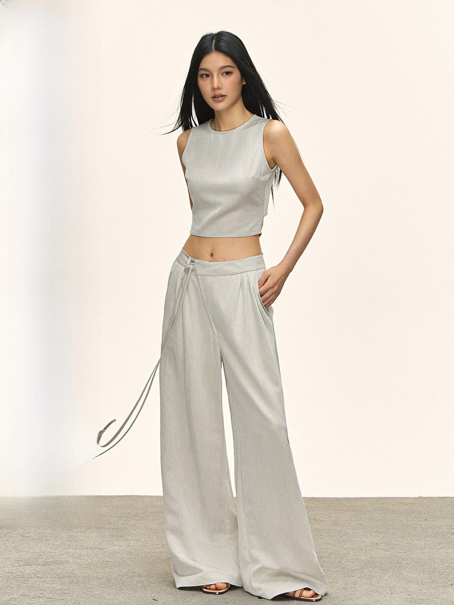 

0PASSION Women's Faion Set Casual Svel ort Top with Belt Straight Leg Long Pants Two-Piece Suit Low Waist Design