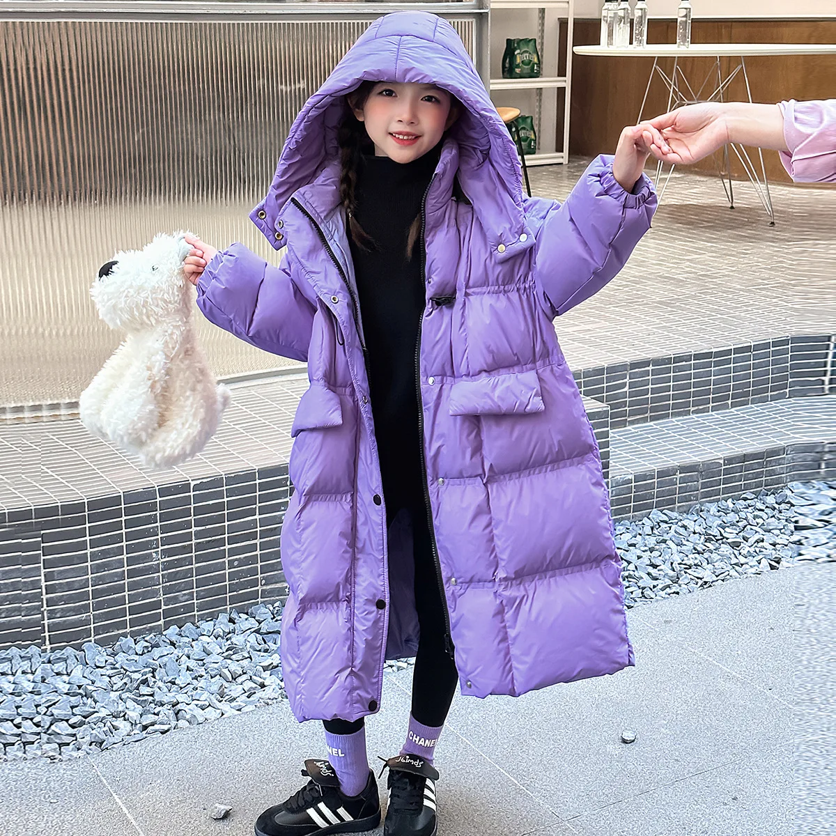 Winter Junior Girl Long Cotton Jacket Children Girl Pure Color Hooded Casual Parkas Coats School Girl Thicken Warm Padded Jacket