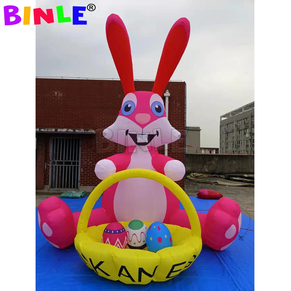 Easter Inflatable Pink Bunny Holds a Basket Eggs,Blow Ups With Bright Light For Holiday Party Outdoor Lawn Garden Decoration