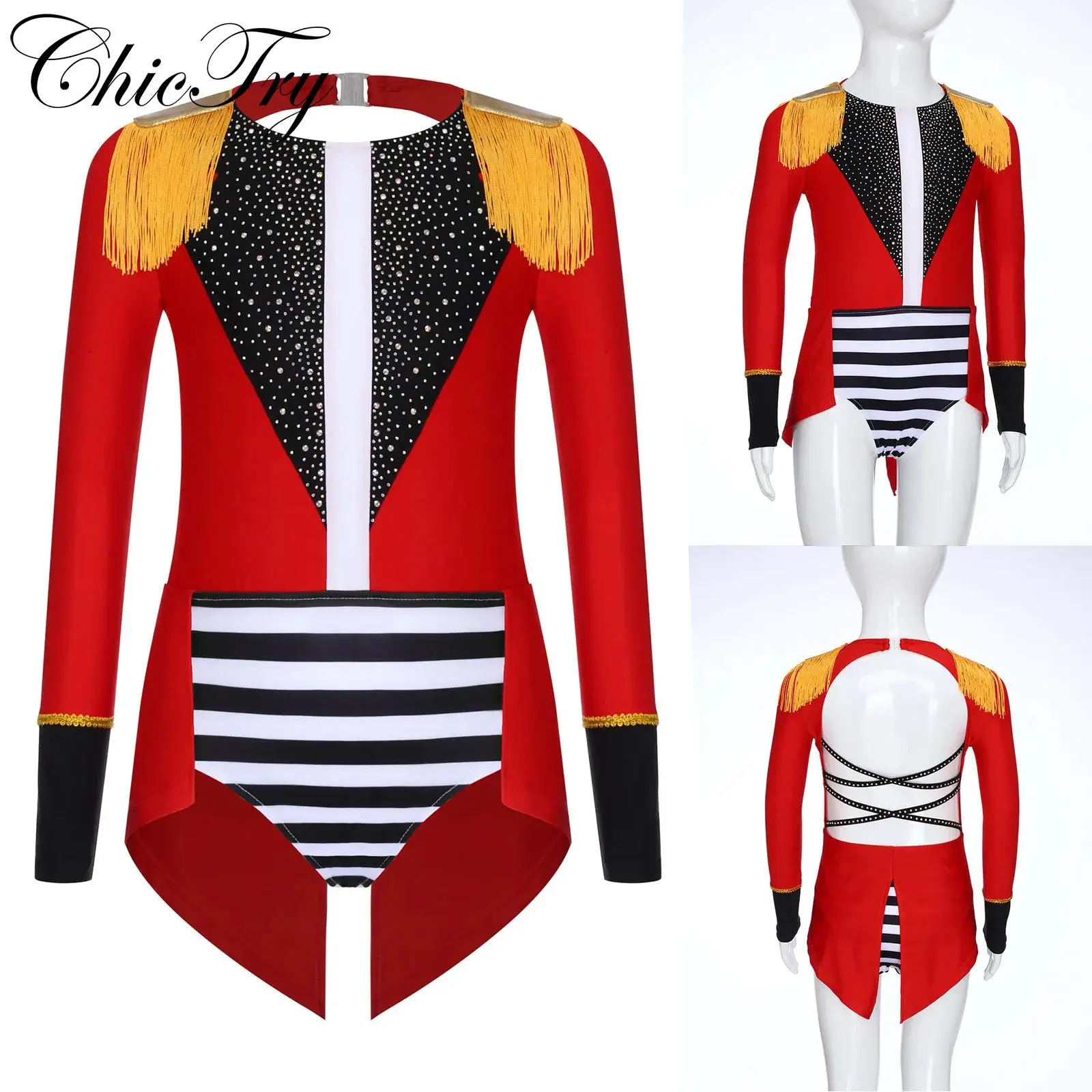 

Girls Circus Ringmaster Costume Halloween Cosplay Leotard Rhinestone Long Sleeve Shoulder Tassels Epaulets Carnival Dress Up