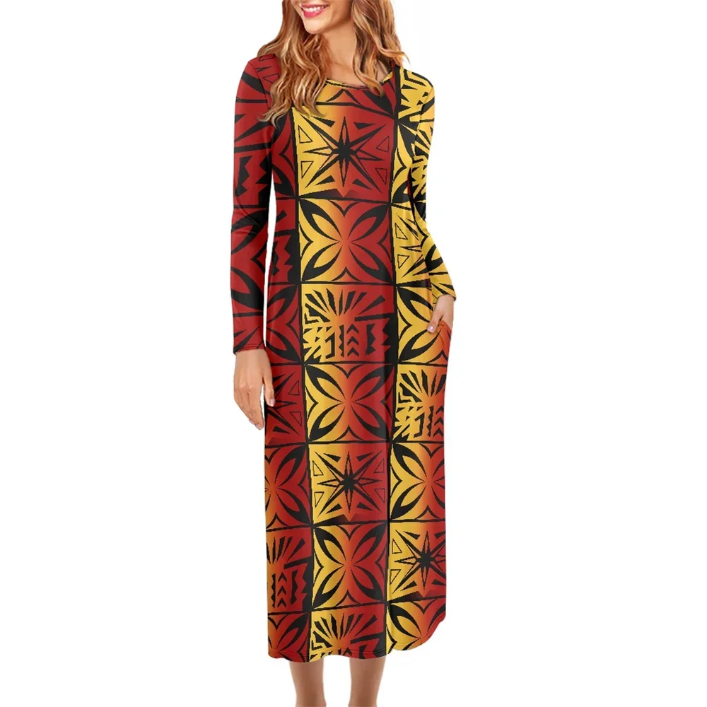 

Women's Elegent Floral Maxi Party Dresses Polynesian Tribal Clothing Samoa Tapa Masi Print High Quality Autumn Dress For Ladies