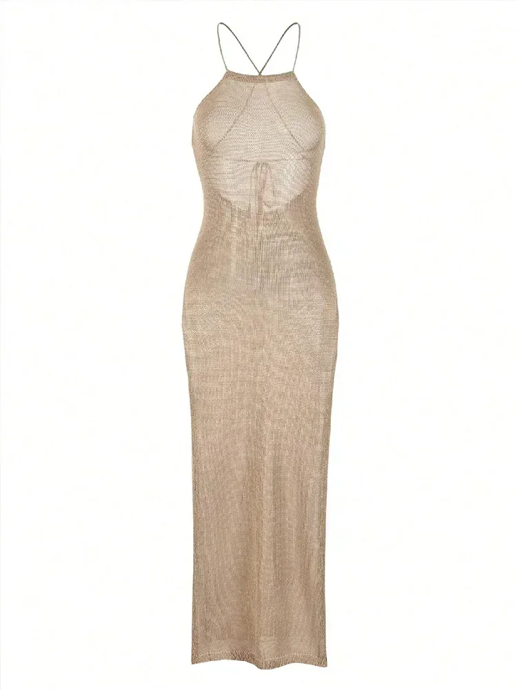 セクシーなシースルーニットバックレスレースアップスプリットボディコンビーチドレス夏の女性ソリッドホルターホリデー水着カバーアップA2797