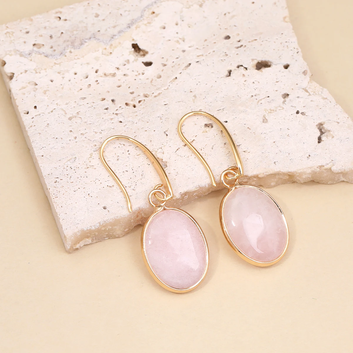 Exquisite Women's Earrings Fashion Versatile Oval Natural Gemstone Rose Quartz Holiday Gift Jewelry Wholesale Direct Sale