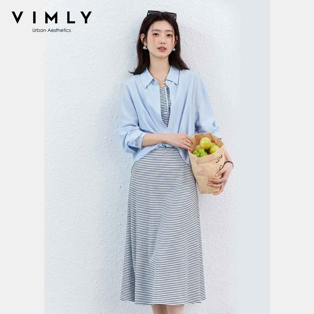 

VIMLY Women's Striped Dress Sets 2026 Spring New Twist Hem Lapel Collar Shirt Striped Tank Midi Dress Casual Two-Piece Set 30712