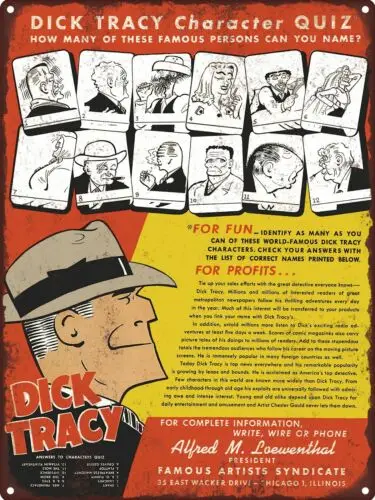 1947 Comic Strip Dick Tracy Characters Famous Persons Metal Sign 9x12