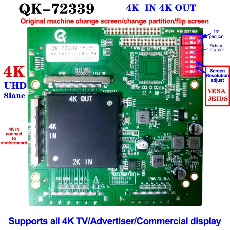 QK-72339 4K to 4K turn board V-by-One LCD TV flip 1/2 partition 3840*2160 support 4K UHD 8lane Motherboard in TCON out adapter