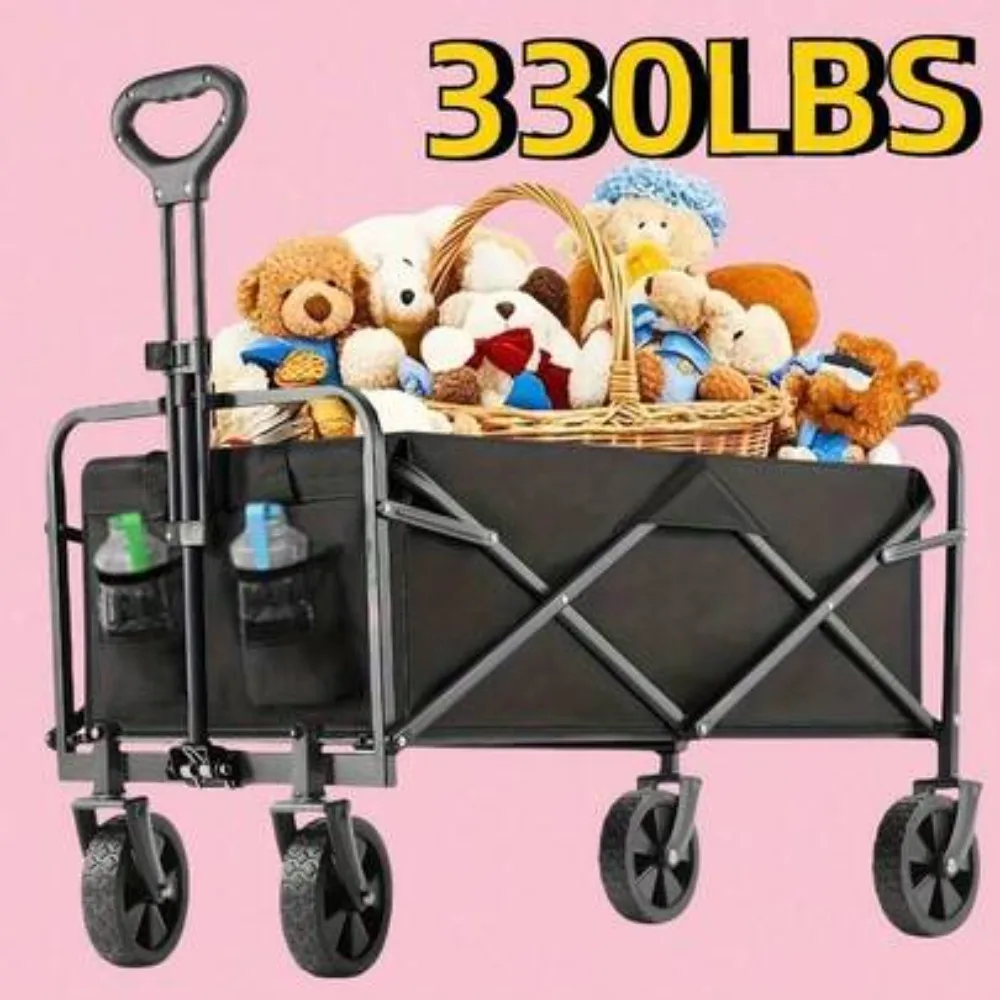 Collapsible Folding Wagon Cart with 330 Lbs Load Capacity Heavy Duty Metal Frame All Terrain Utility Folding Cart for Garden Shopping Camping Beach Lawn Sports Outdoor Gear Hauler Portable Compact Storage Adjustable Handle 4 Durable Wheels Black