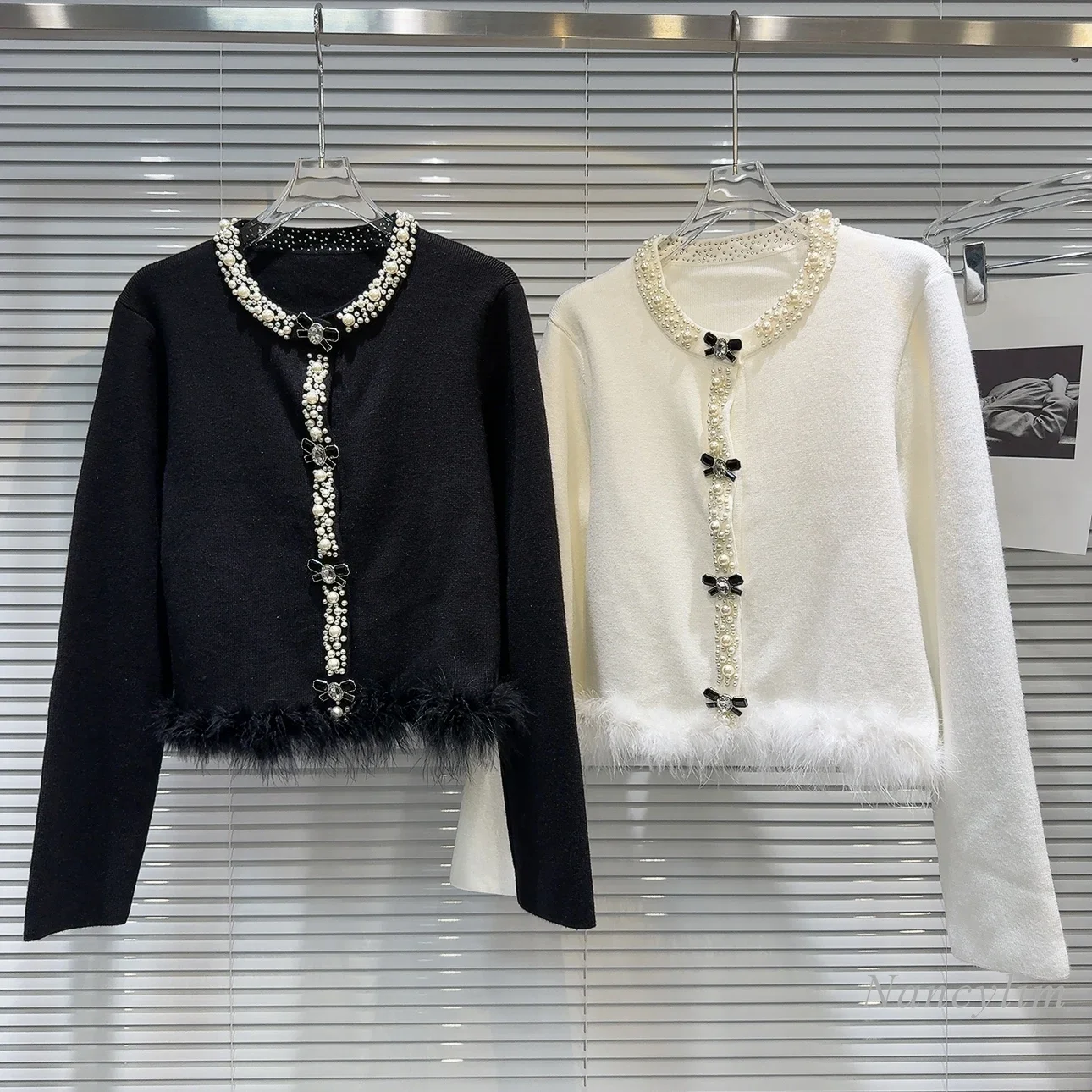 2024 Autumn New Chic Sweater Lady's Fashion Pearl Beaded Edge Fluffy Hem Light Luxury Exquisite Knitted Cardigan Coat