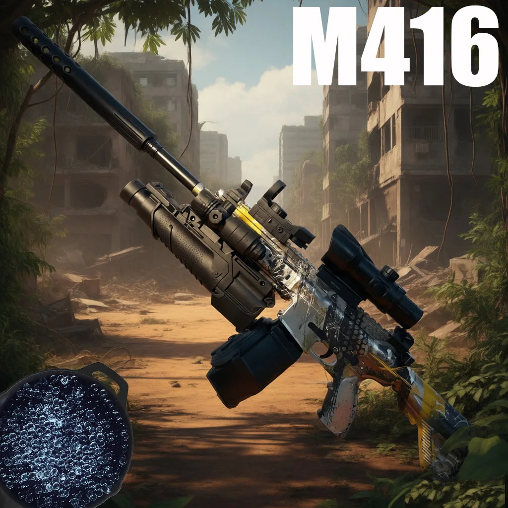 M416 w pełni wyposażony w latarkę, elektryczny tryb ciągłego strzelania na podczerwień, dolne podawanie amunicyji, strzela kulami żelowymi o średnicy 7-8 mm, pistolet zabawkowy dostępny w wielu kolorach, zawiera baterię 3,7 V i kabel do ładowania.