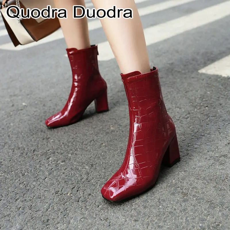 Wine Red Mid-Calf boots new Winter/Autumn Women Boots Thick High Heels Square Toe shoes Office/Career lady plus size 48 43