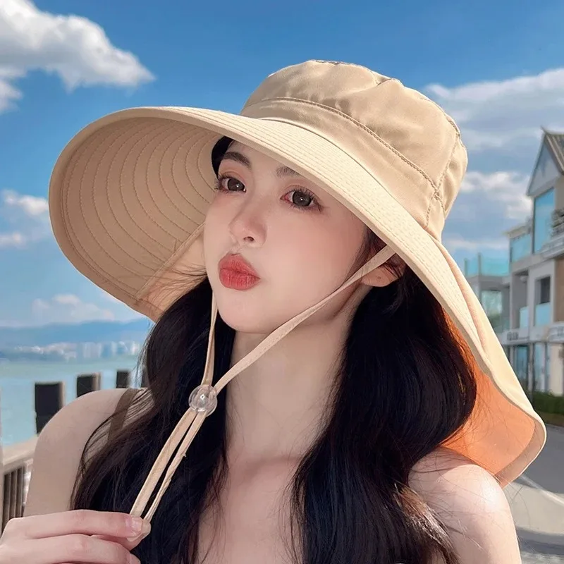 2024 Korean Women Summer Sun Hat Large Brim Neck Protection Sunshade Hats Cotton Solid Color Fisherman Cap Ladies Visors 모자