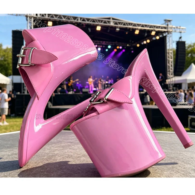 

Pink Patent Leather Sexy Slippers Open Toe Slip on Platform Stiletto for Women Casual Dancing Sexy Slippers Zapatos Para Mujere