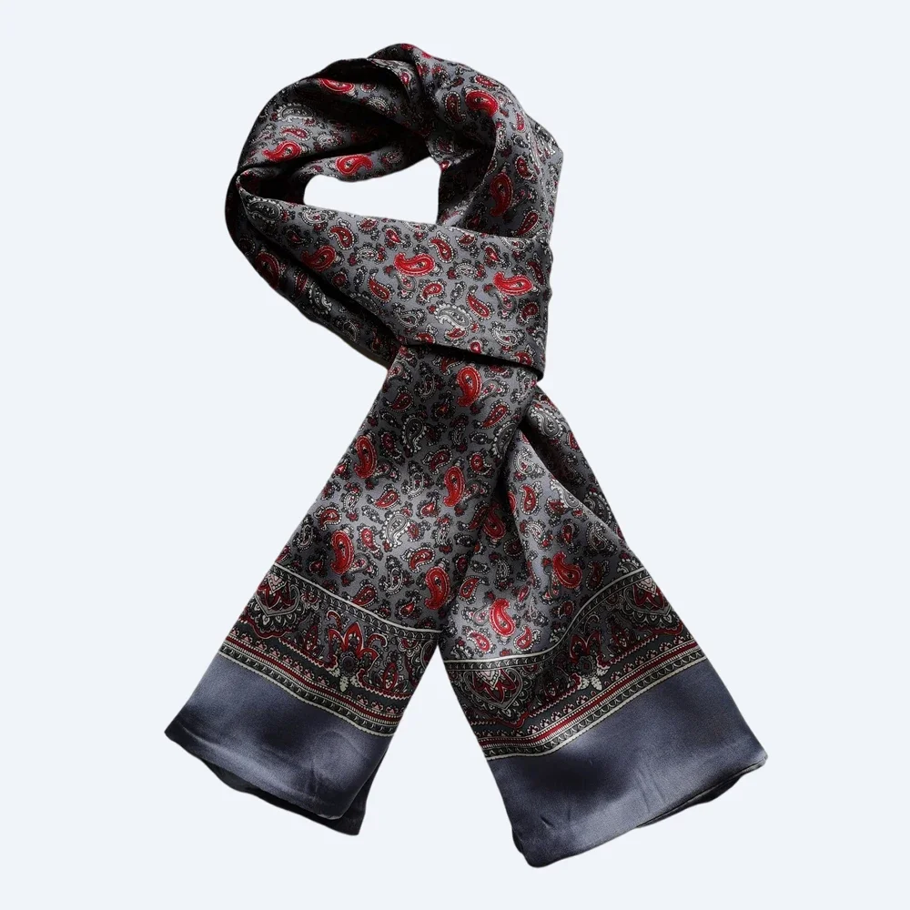 100% lenço de seda paisley masculino longo dupla camada neckerchief cravat cinza vermelho marrom preto