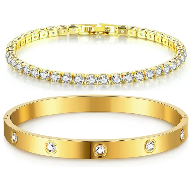 Stackable Gold Bracelets Bangles for Women Girls 14K Gold Plated Cubic Zirconia Tennis Bracelet Stainless Steel Jewelry Gifts