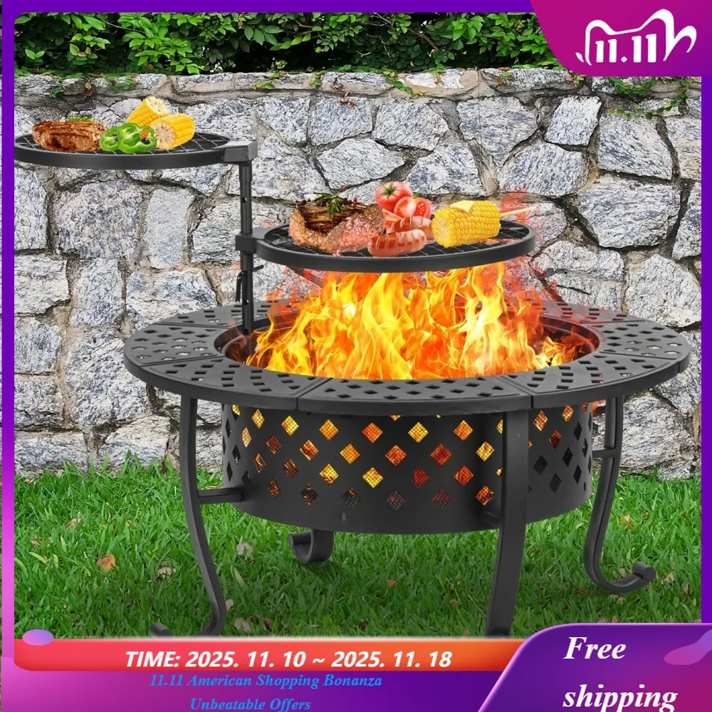 

36-дюймовая костра с 2 решетками для барбекю, древесная костра для выжигания огня на улице с крышкой, огненным покером, барбекю, уличной комотой и круглым металлом
