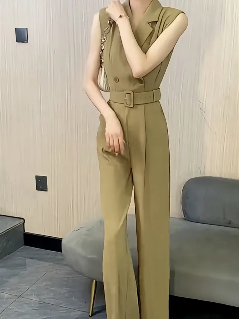 

Ele Pure Color Faionable One-Piece Suit for Women High-Waisted Long Pants High-Quali Fabric Ladylike Trendy Summer Hit