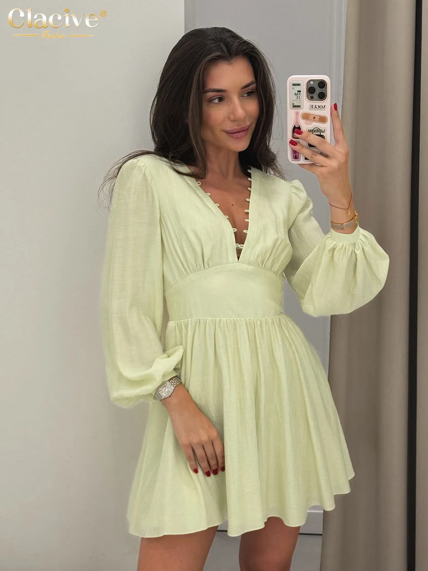 

Clacive Fashion Loose Green Women's Dress 2024 Sexy V-Neck Long Sleeve Mini Dresses Elegant Classic High Waist Female Dress