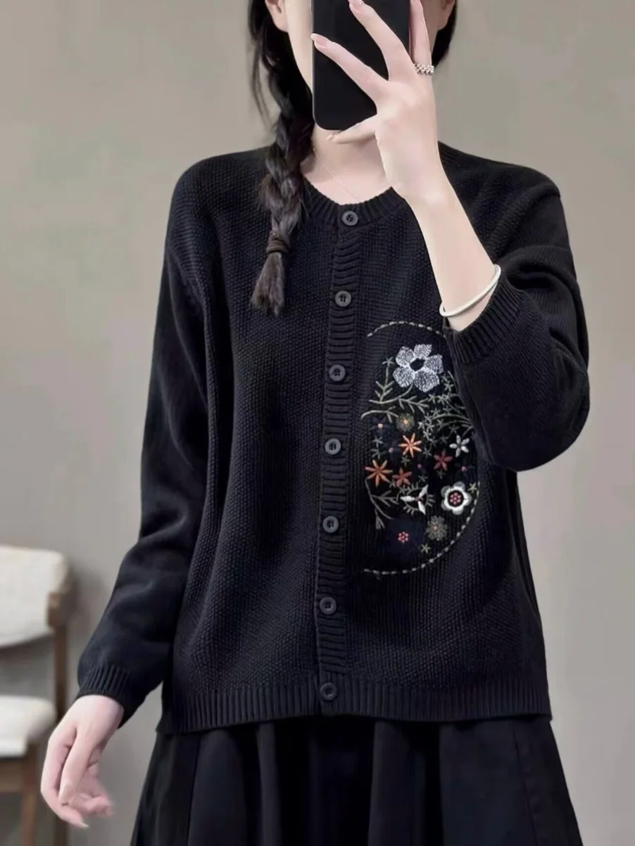 Cárdigan de punto redondo Ne holgado para mujer, ropa de abrigo de mezcla de lana con efecto adelgazante bordado, para principios de otoño