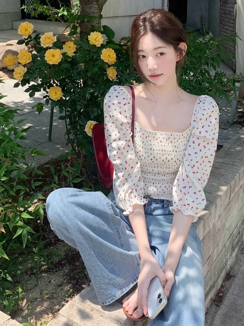 Romantic Floral Print Shirt Korean Style Elegant Ageless Half Sleeve Women's Fashion Spring Autumn Winter Casual Wear