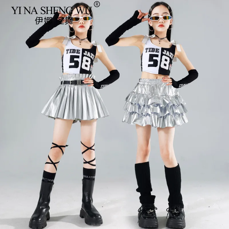 الفتيات ملابس رقص الجاز الأسود المحاصيل سترة الفضة تنورة مجموعة الاطفال الهيب هوب الجاز الملابس مجموعات الأطفال الشارع الشهير K-pop ازياء