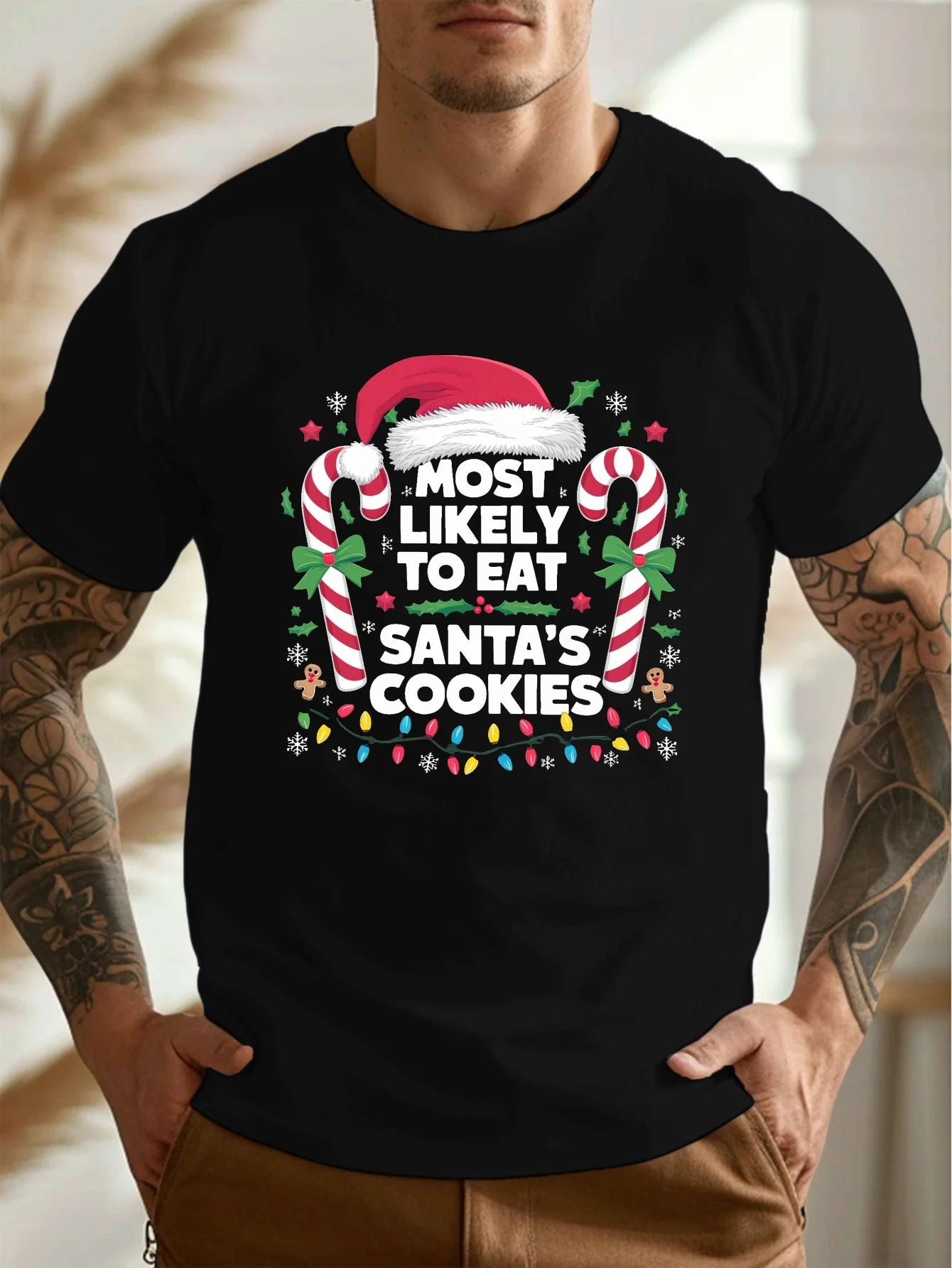 تي شيرت بنمط عيد الميلاد للرجال - قميص كاجوال "القميص بأكمام قصيرة" يقدر أن يأكل سانتا كلوز - هدية عيد الميلاد #1