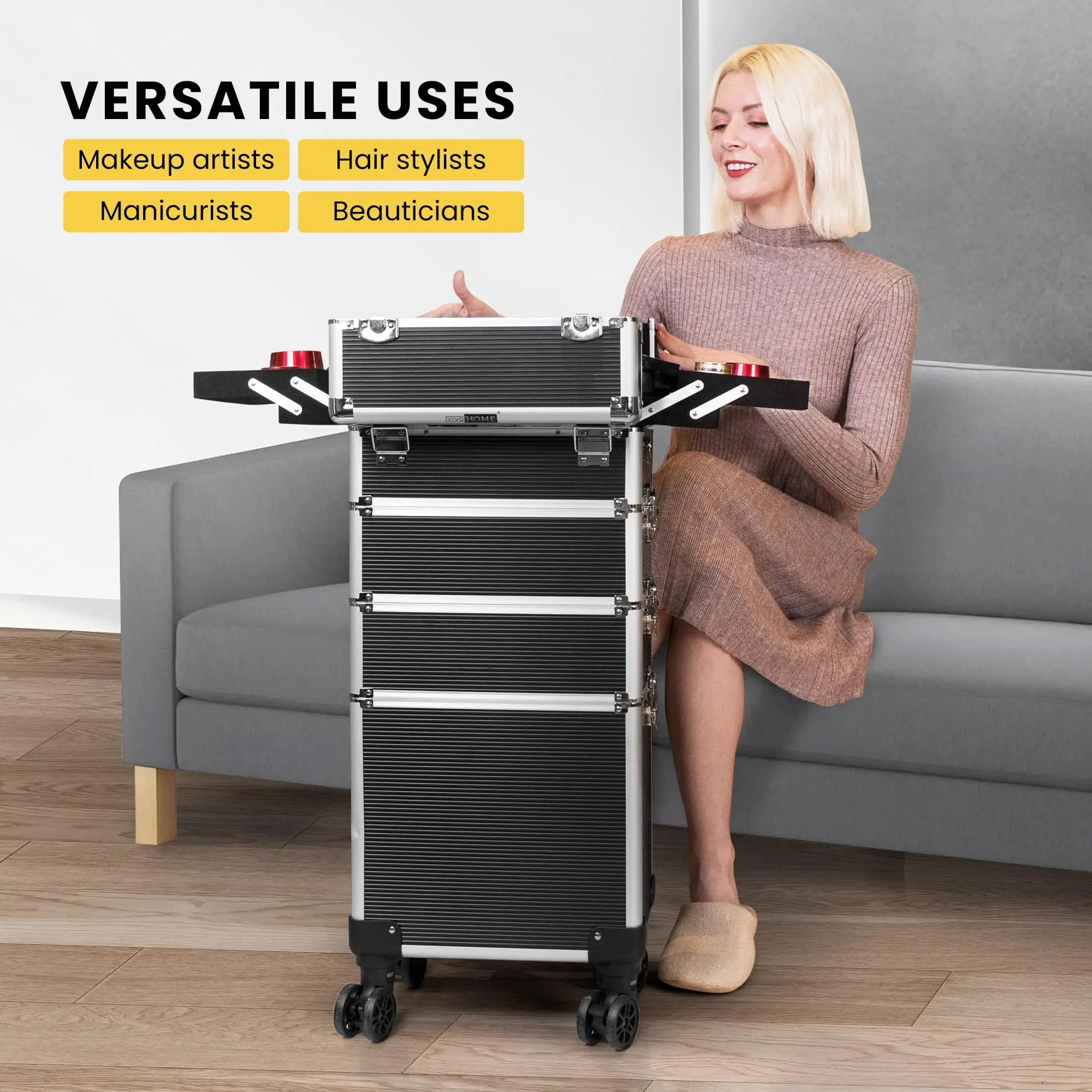 4 in 1 Aluminum Rolling Makeup Train Case Professional Pink Cosmetology Trolley with Wheels for Salon Artist Travel Storage