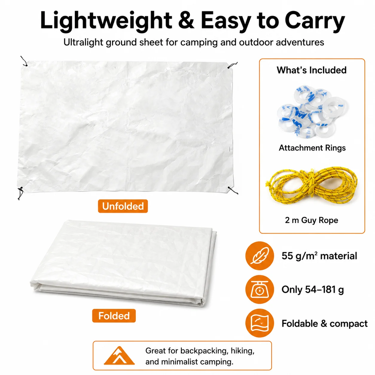 1056D Tyvek Camping Ground Sheet 55g/㎡ Ultralight Waterproof Tent Footprint Tear Resistant Foldable Picnic Mat with Guy Lines
