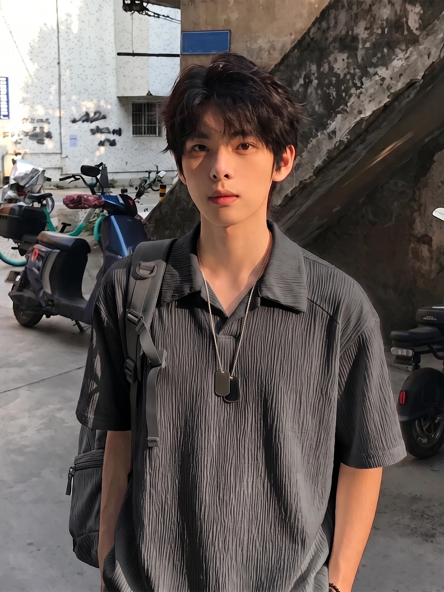 Men's Short Sleeve  Shirt Summer Flip Collar T-Shirt Texture Sensation Shoulder Level Half Sleeve White Treebark Pattern