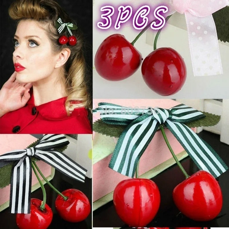 3PC Hot Red Cherry Bow Hair  Retro Vintage  Hair Band Hair Accessory Clothing Accessories Hair Clip  hairbows for girls