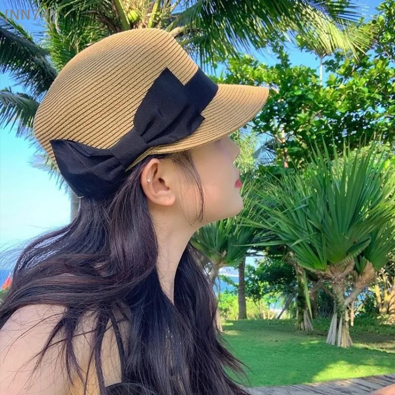 【NN74】Summer Straw Hat for Women Outdoor Travel - Vintage Bow Top French Flat Sun Visor Cap for Beach Vacation【W4】