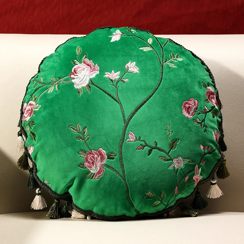 Chinese Retro Style Rotundity Pillowcase Embroidery Tassel Pillows For Sofa Headrest Cushion Pillow Cover Living Room Decoration