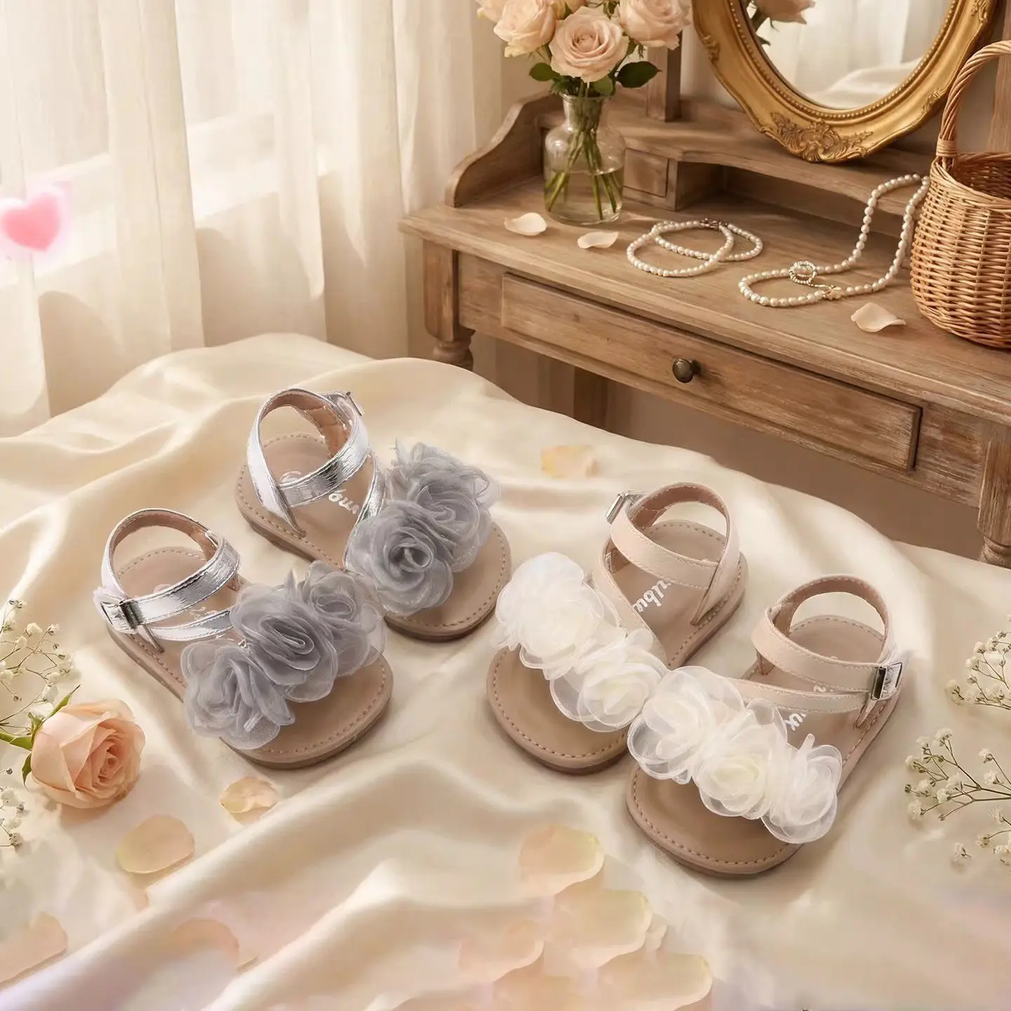 2026 Open-toe Baby Girl Flat Sandals with Two Layers of Delicate Organza Rose Flower Gentle Pastoral Style Toddler Shoes JY06141