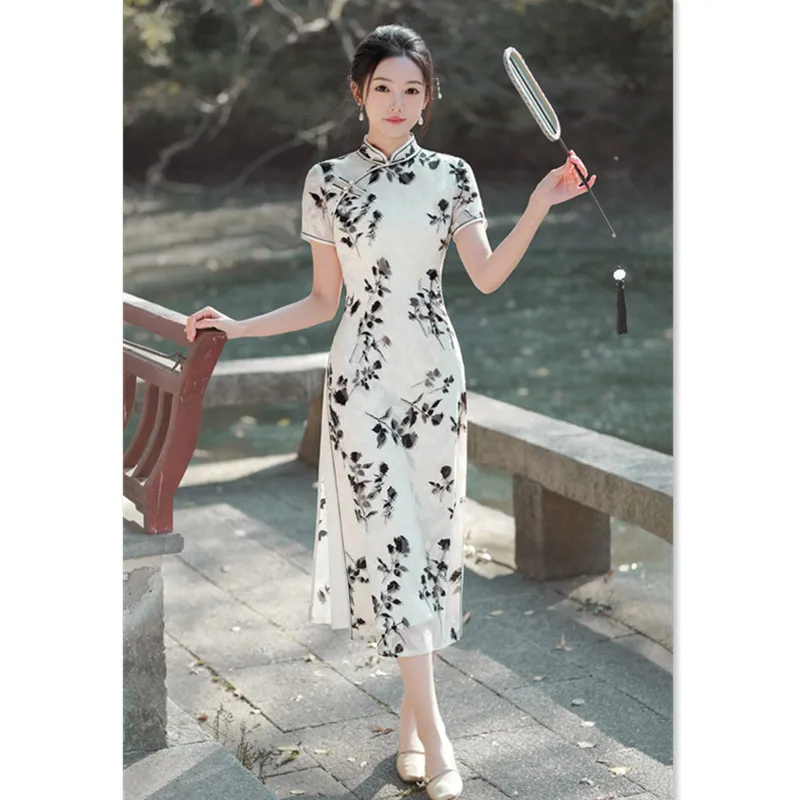 

Jacquard Small Short Sleeve Robe Qi Pao Spring and Summer New Fashion Improvement Ethnic Style Women's Cheongsam