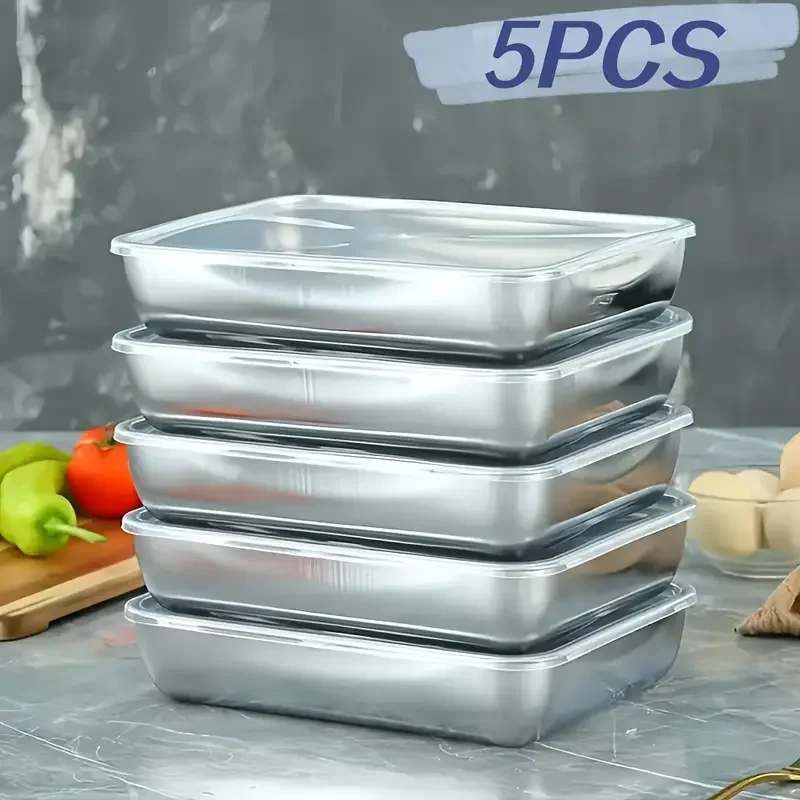 

5pcs Stainless Steel Fresh-keeping Box Stackable Food Storage Containers Refrigerator Microwave Safe Sealed Kitchen Accessories