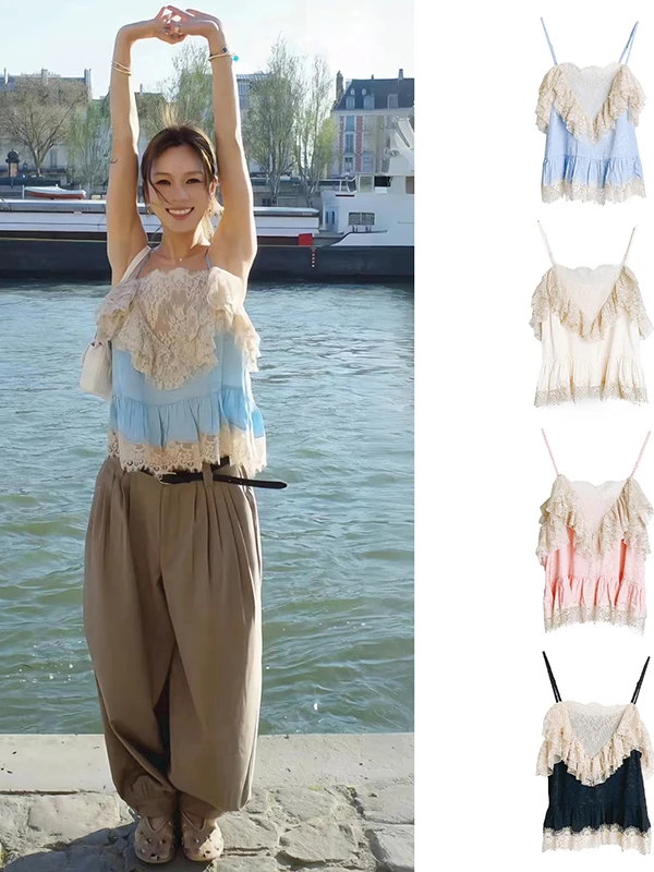 Sweet And Spicy Women's Single Wear Vest Embroidered Lace Patchwork Bell Sleeve Small Strap Top Fashionable Layered Design