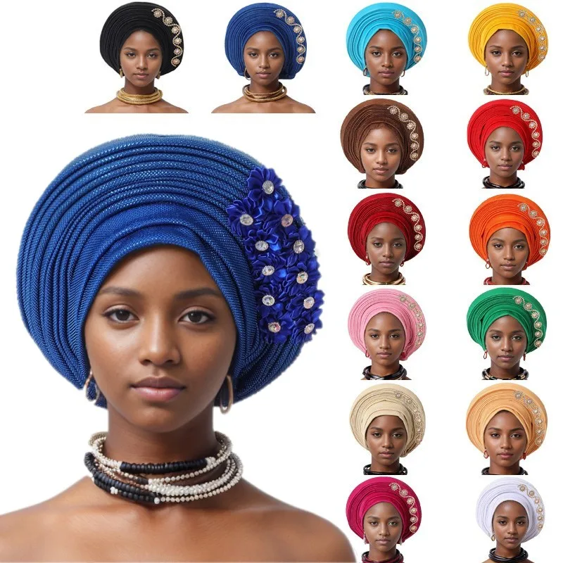 New Fashion African Women Folding Headwraps Cap Indian Hat Luxury Ethnic Style Headband Nigerian Wedding Party Headwear Bonnet