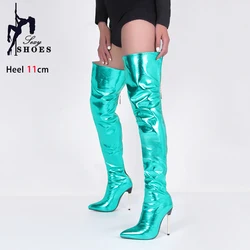 Women Fashion Thigh Boots 11CM Pointed Toe Stiletto Heels Spring And Autumn Ladies Shoes Green Over The Knee Long Boots Size 46